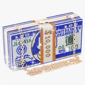 Blue Sparkling Dollar Bill Clutch /Shoulder Purse w/ Gold Chain